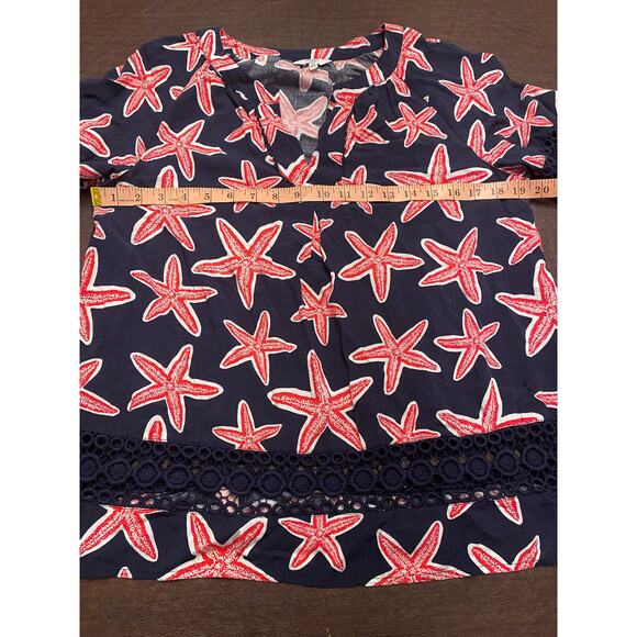 Crown & Ivy Blue Red Lace Panel Inserts Starfish Pattern Tunic Petite Medium - Picture 6 of 6